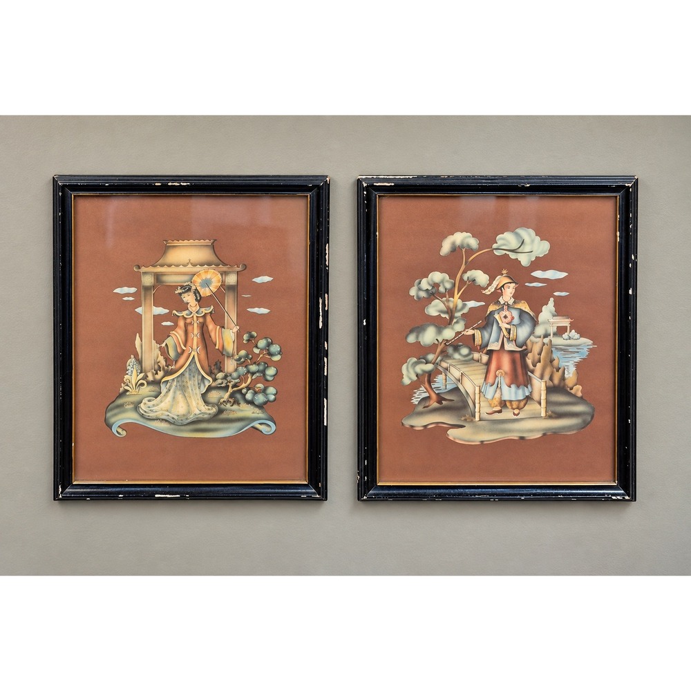 Vintage Chinoiserie Pair Framed Art Prints Mid Century Modern Asian Decor Set 2